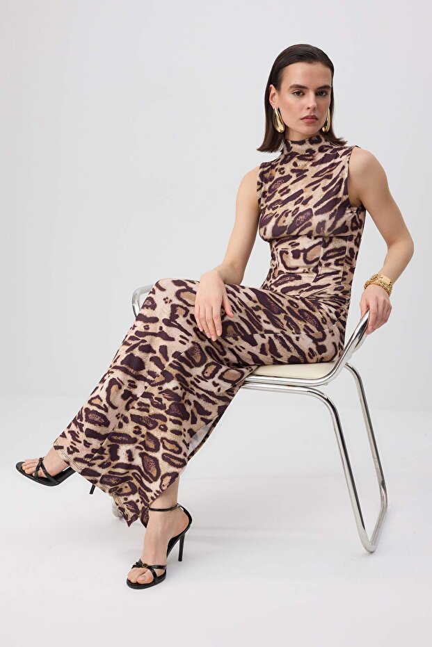 Kahverengi Leopar Desen Korse Detay Sandy Maxi Astarsız Party Elbise TPRSS26EL00223 - 1