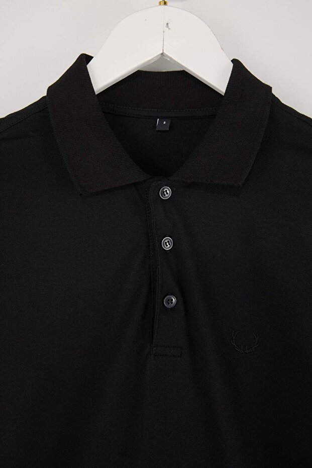 Siyah Regular/Normal Kesim Basic Esnek Nakışlı Polo Yaka T-shirt TMNSS26PO00016 - 5