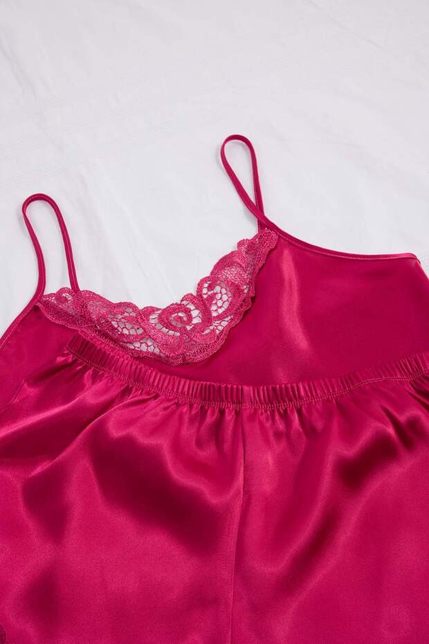 Fuşya Dantelli İp Askılı Saten Şortlu Dokuma Pijama Takımı THMAW21PT0843 - 4