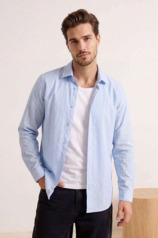 Açık Mavi Normal Kalıp/Regular Fit Çizgili Uzun Kollu Yazlık Erkek Dokuma Gömlek TMNSS26GO00014 - 2