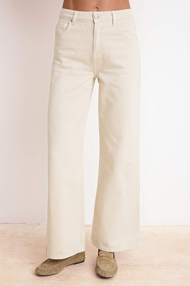 Bej DÖKÜMLÜ Yüksek Bel %100 Pamuk Wide Leg Jeans TWOSS26JE00216 - 3