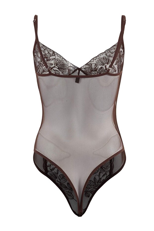 Kahverengi Tül/Dantel Fitted Kapsız Fantezi Body THMSS26BD00014 - 4