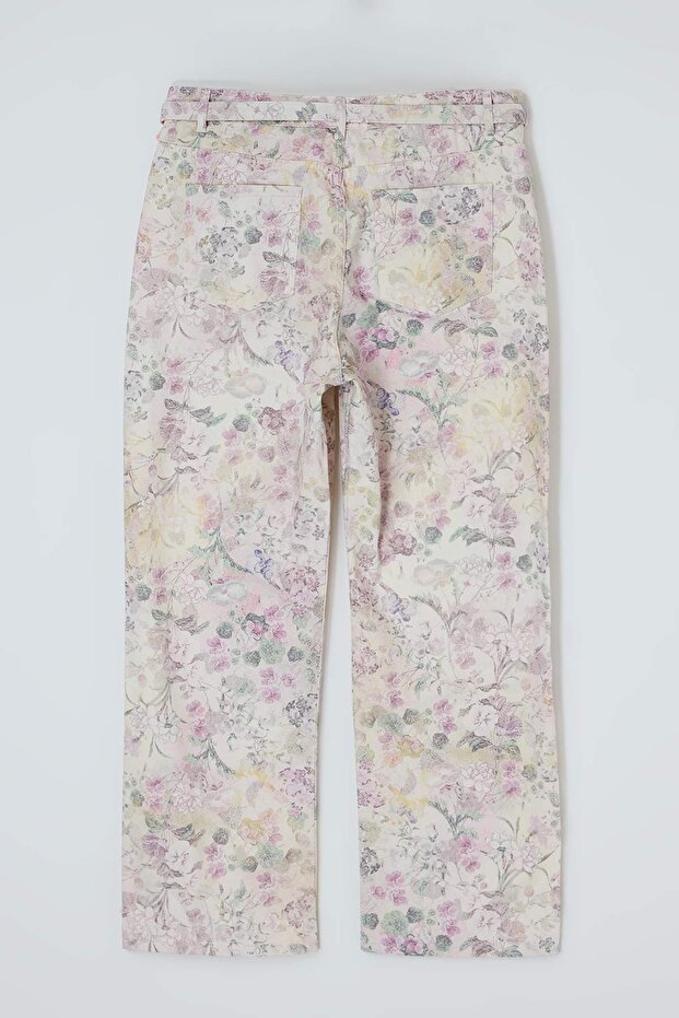 Çok Renkli Kemerli Çiçek Desenli %100 Pamuk Non-Stretch Wide Leg/Geniş Paça Jeans TBBSS26CJ00037 - 5
