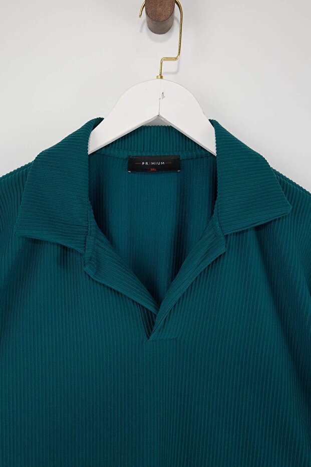 Büyük Beden Yeşil Oversize Dokulu Ottoman Polo Yaka T-Shirt TMNSS24BF00047 - 2