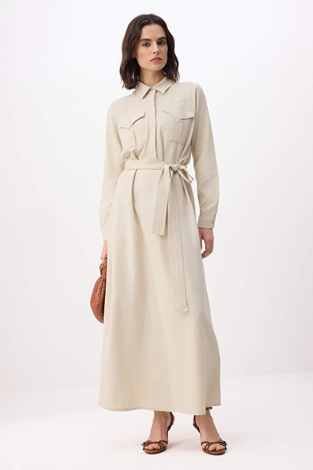 Beige Pocket Detailed Linen Blend Unlined Woven Belted Hijab Dress Tctss26Eb00117