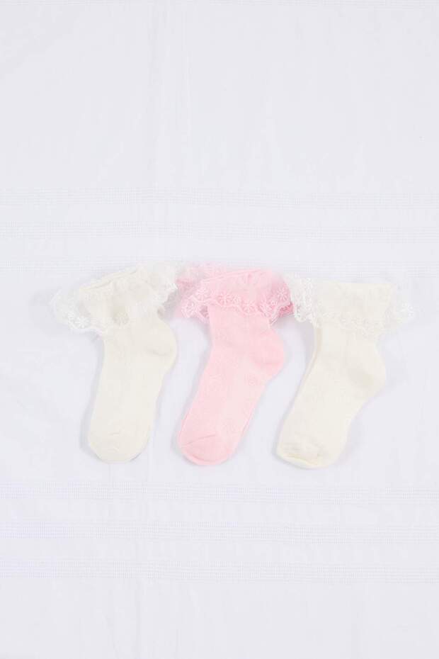 Pembe-Ekru-Taş Kurdele Detaylı 3'lü Kız Çocuk Çorap TKDSS26CO00004