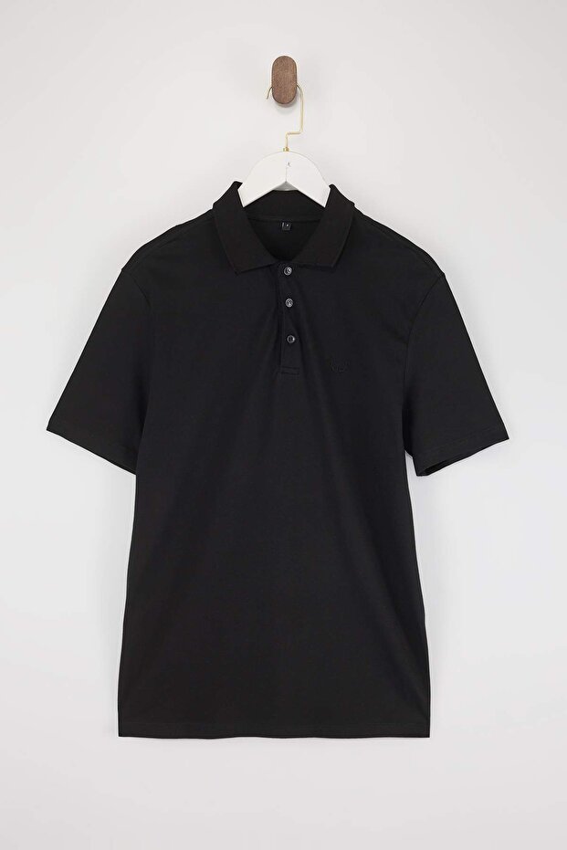 Siyah Regular/Normal Kesim Basic Esnek Nakışlı Polo Yaka T-shirt TMNSS26PO00016 - 4