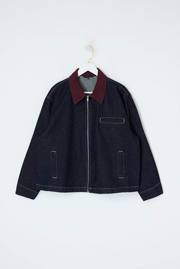Koyu Mavi Kadife Yaka Detaylı Oversize 100% Pamuk Non-Stretch Büyük Beden Denim Ceket TBBSS26AG00011 - 4