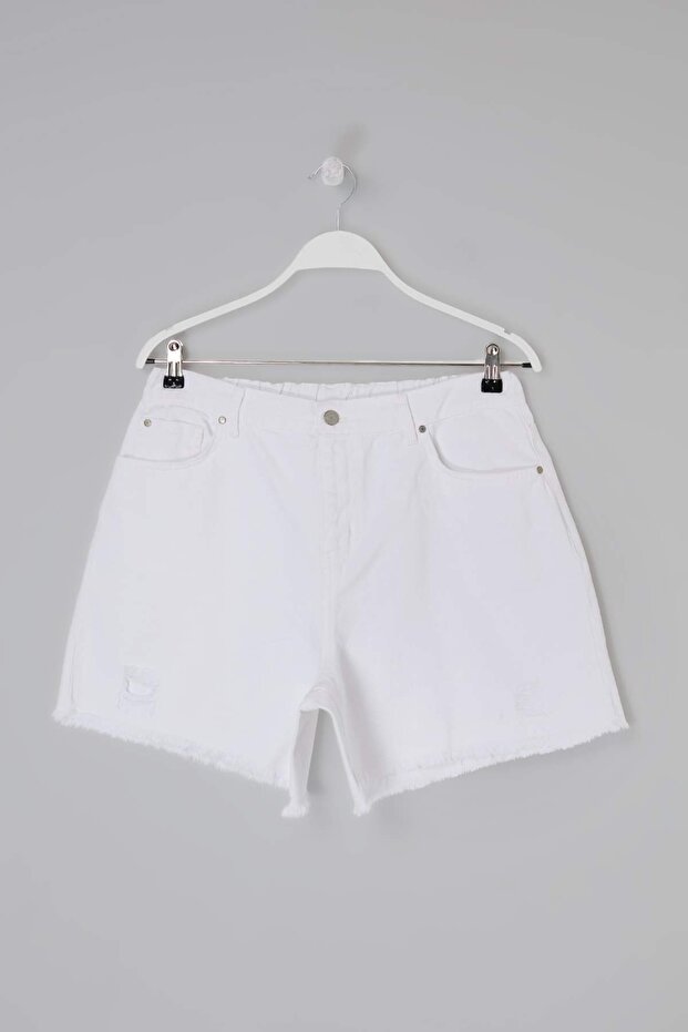 Beyaz Yırtıklı Lastikli Normal Bel Mini %100 Pamuk Non-Stretch Büyük Beden Denim Şort TBBSS26AP00019 - 5