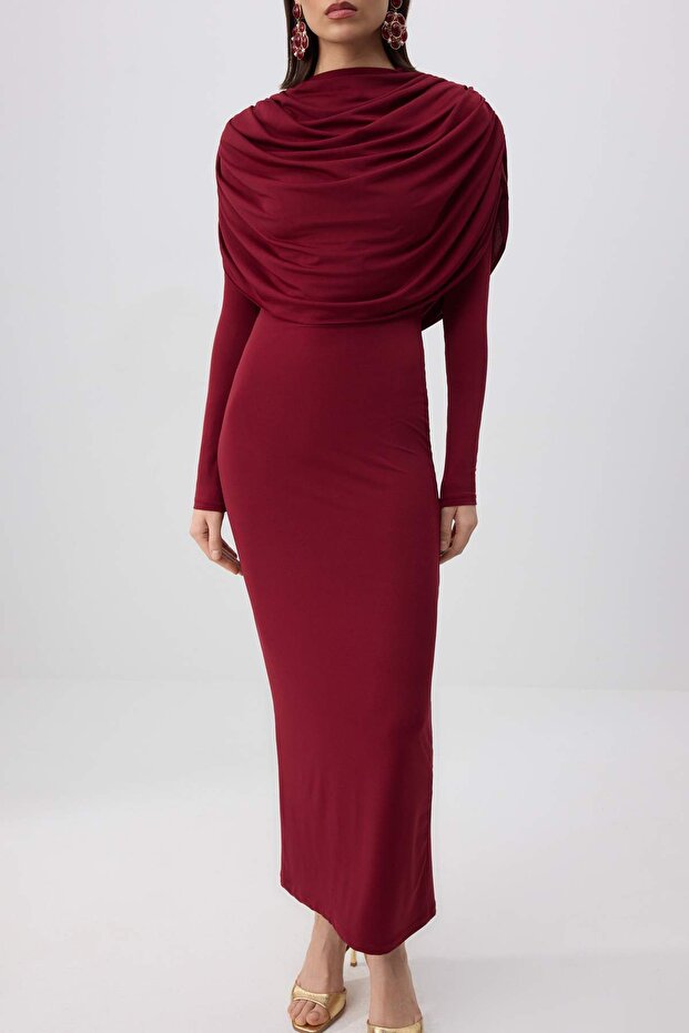 Bordo Yaka Detaylı Örme Şık/Gece Elbisesi TPRAW26EL00158 - 3
