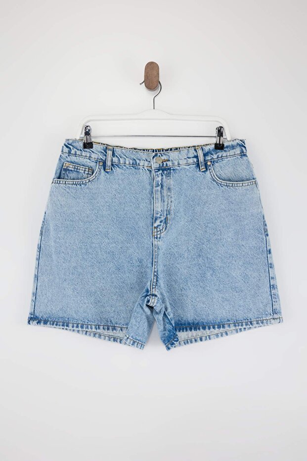 Açık Mavi Yüksek Lastikli Bel City Boy %100 Pamuk Non-Stretch Büyük Beden Denim Şort TBBSS26AP00017 - 4