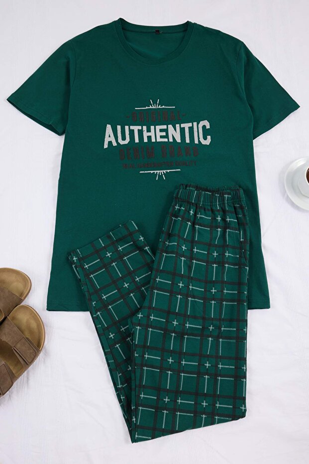 Yeşil Regular/Normal Kesim Baskılı Alt Ekose Desenli Pijama Takımı TMNSS26PT00044 - 4
