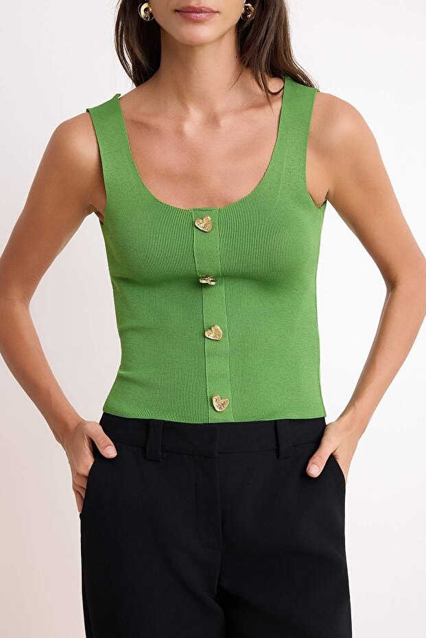 Yağ Yeşil Kalp Düğme Detaylı Crop Triko Bluz TWOSS26BZ00321 - 6