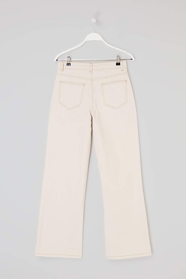 Ekru Yüksek Bel Straight/Düz Kesim %100 Pamuklu Jeans TWOSS26JE00183 - 6