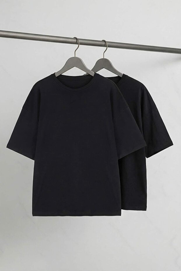 Siyah- Siyah 2'li Paket Oversize/Geniş Kalıp Büyük Beden T-Shirt TMNSS24BF00042 - 1