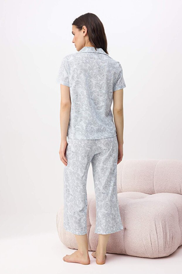 Mavi %100 Pamuklu Etnik Desenli Alt Kapri Örme Pijama Takımı THMSS26PT00158 - 4
