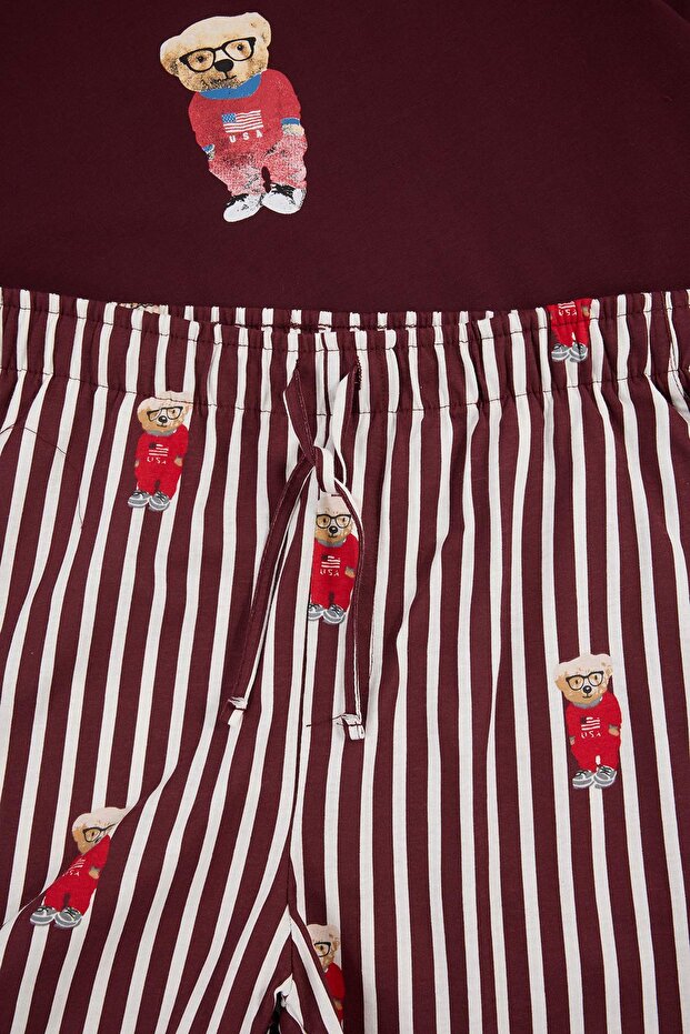 Unisex Bordo Regular Fit Ayıcık Baskılı Örme Şortlu Pijama Takımı TMNSS24PT00034 - 7