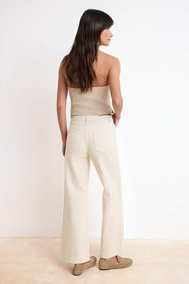 Bej DÖKÜMLÜ Yüksek Bel %100 Pamuk Wide Leg Jeans TWOSS26JE00216 - 4