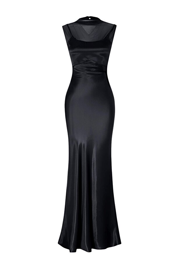 Siyah Düz Saten Maxi Abiye & Mezuniyet Elbisesi TPRSS26AE00168 - 4