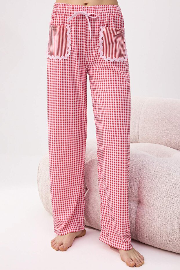 Kırmızı Ekoseli Kalpli Şerit Detaylı Örme Pijama Takımı THMSS26PT00063 - 3