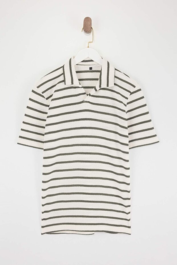 Yeşil Regular/Normal Kesim Dokulu Çizgili Polo Yaka T-shirt TMNSS26PO00013 - 7