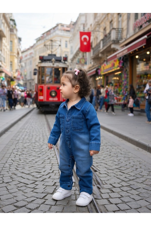 Collared, Buttoned Denim Jumpsuit - 1