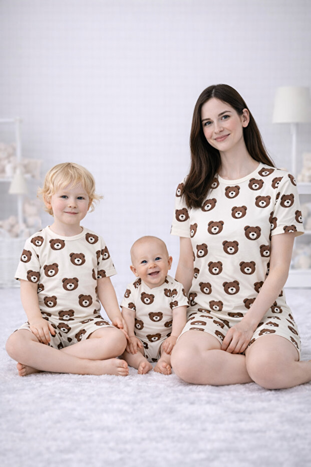 MOTHER BABY PAJAMA SET MATCHING BROWN TEDDY BEAR PATTERN SHORT SLEEVE SHORTS (SOLD INDIVIDUALLY)