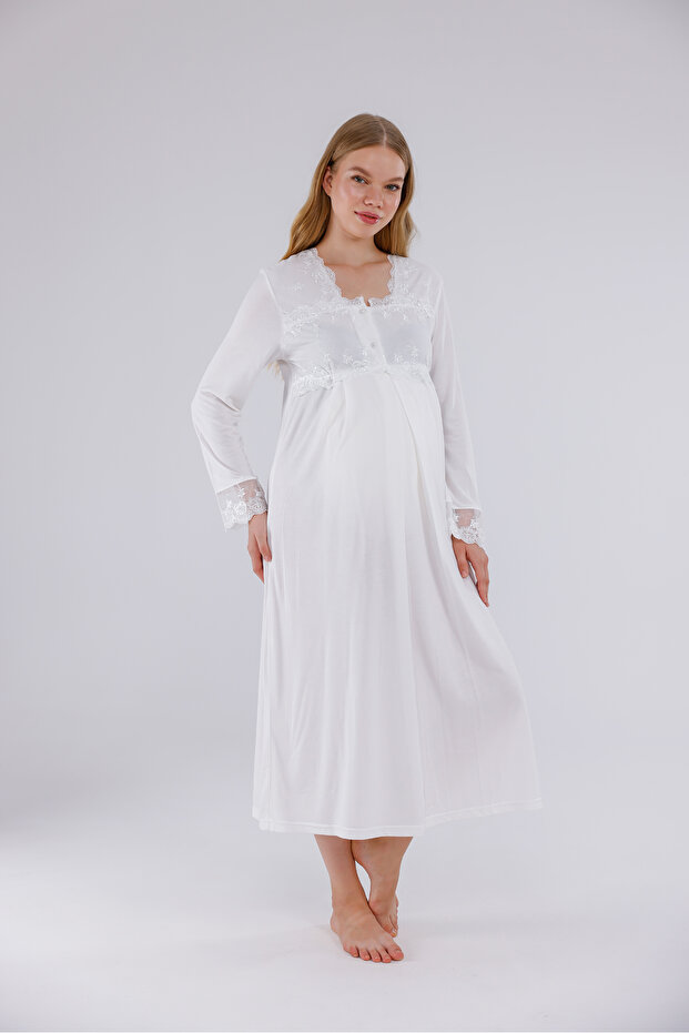 Ecru Special Lace Long Sleeve Cotton Maternity Nightgown with Nursing Feature