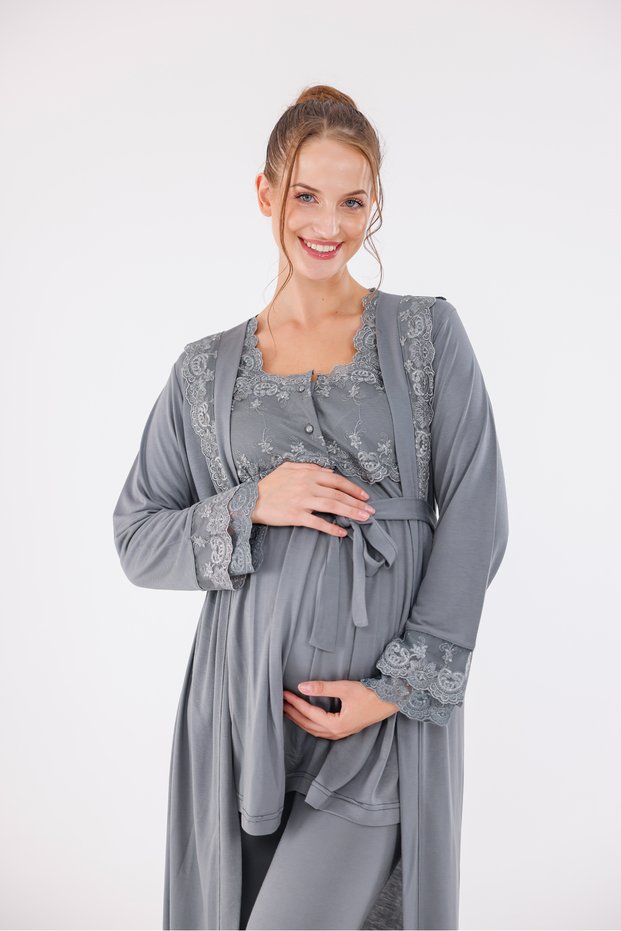 Smoked Sleeve and Collar Lace Long Sleeve Cotton Maternity Pajama Set with Maternity Dress 3-Piece Set