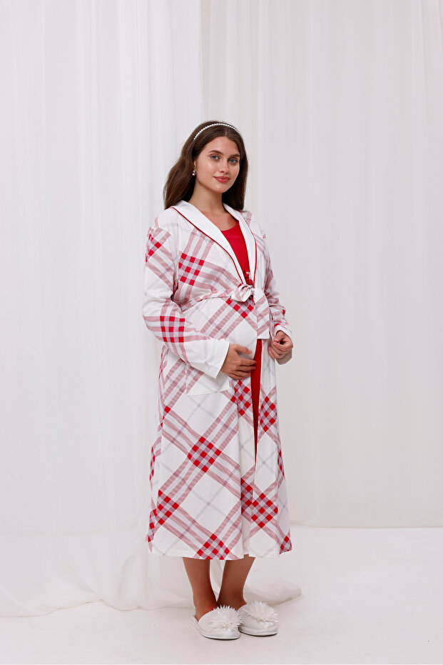 Fuchsia Patterned Cotton Winter Long Sleeve Maternity Pajamas Set and Nightgown 4-Piece Set