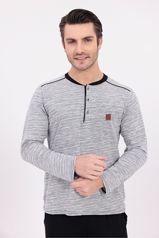 Men's Gray Jacquard Patterned Cotton Long Sleeve Men's Pajama Set