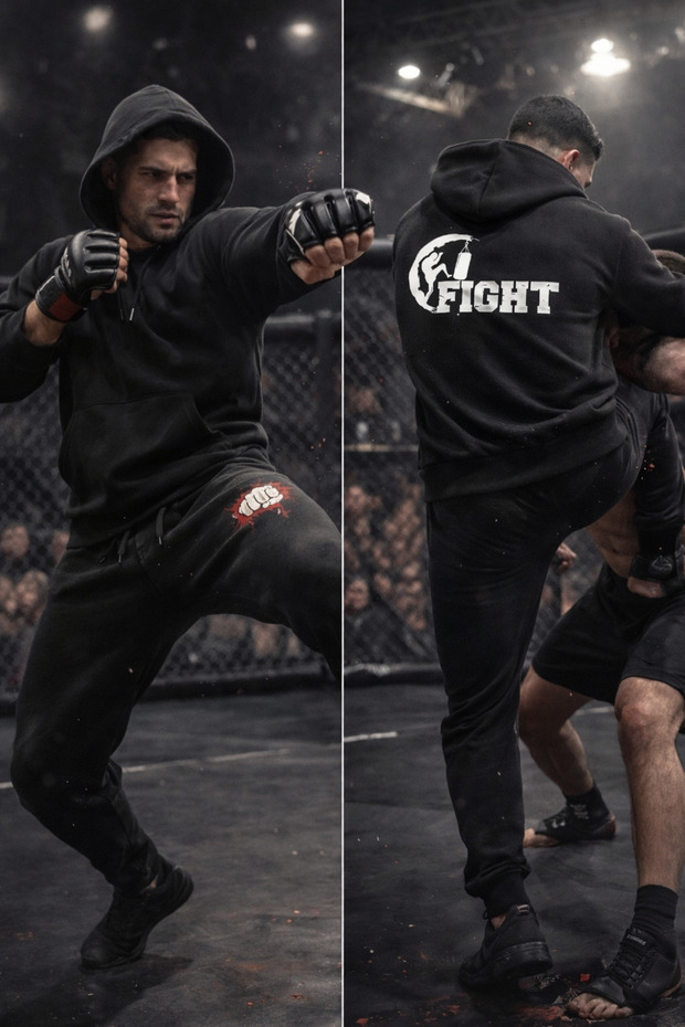Fight Printed Hooded unisex tracksuit set - black sport Hooded sweatshirt and Jogger Pants bottom set