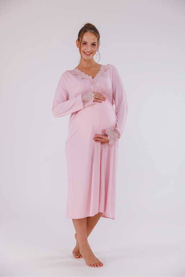 Powder Lace Detailed Nursing-Friendly Cotton Maternity Nightgown