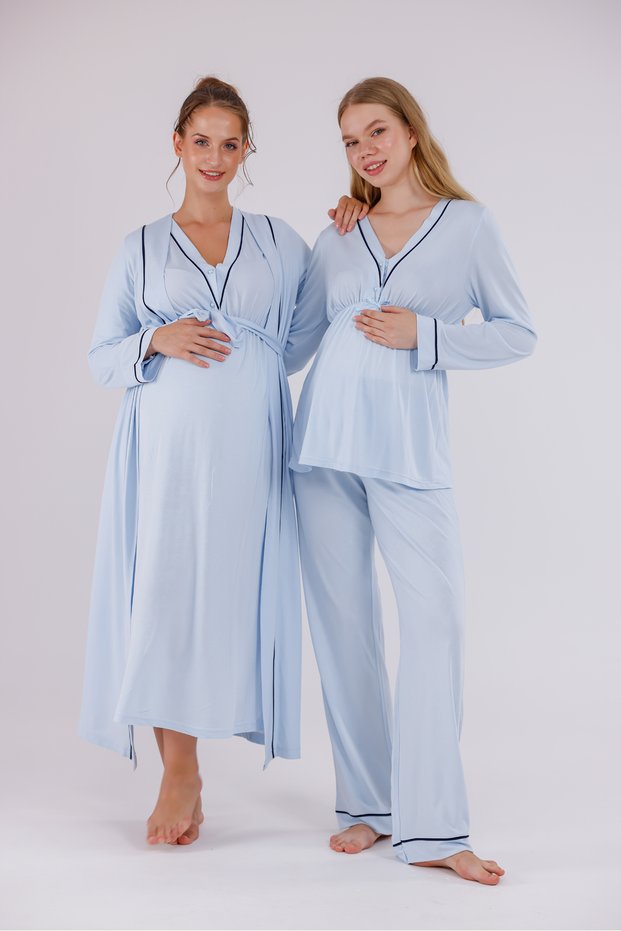 Blue Piping Long Sleeve Cotton Maternity Pajama Set and Nightgown 4-Piece Set