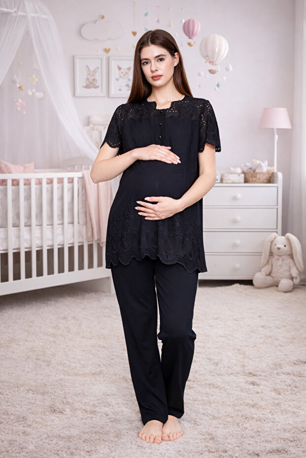 Black Fisto Linen Design Maternity Pajama Set
