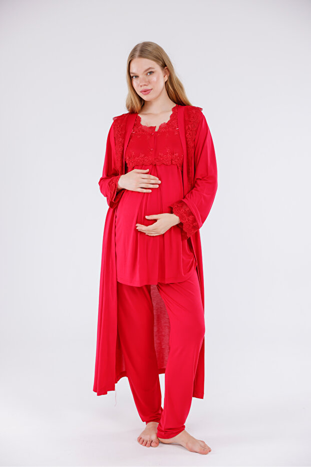 Cherry Sleeve and Collar Lace Long Sleeve Cotton Full Length Maternity Pajama Set with Dressing Gown 3-Piece Set