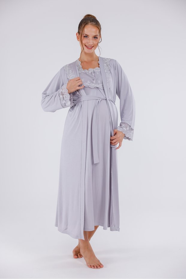 Gray Special Lace Long Sleeve Cotton Full Length Maternity Nightgown-Dressing Gown Set of 2