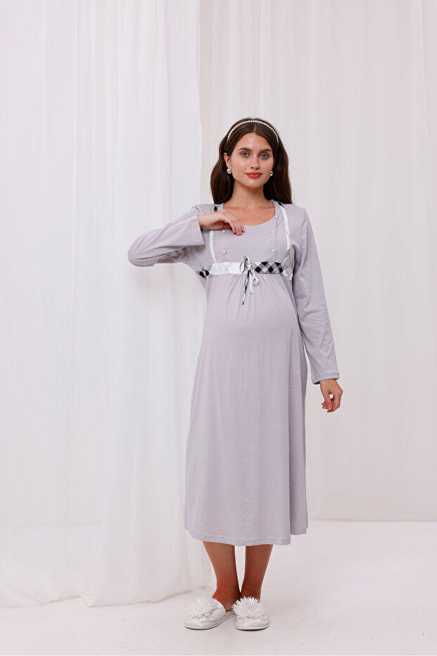 Gray Plaid Long Sleeve Maternity Nightgown with Breastfeeding Feature