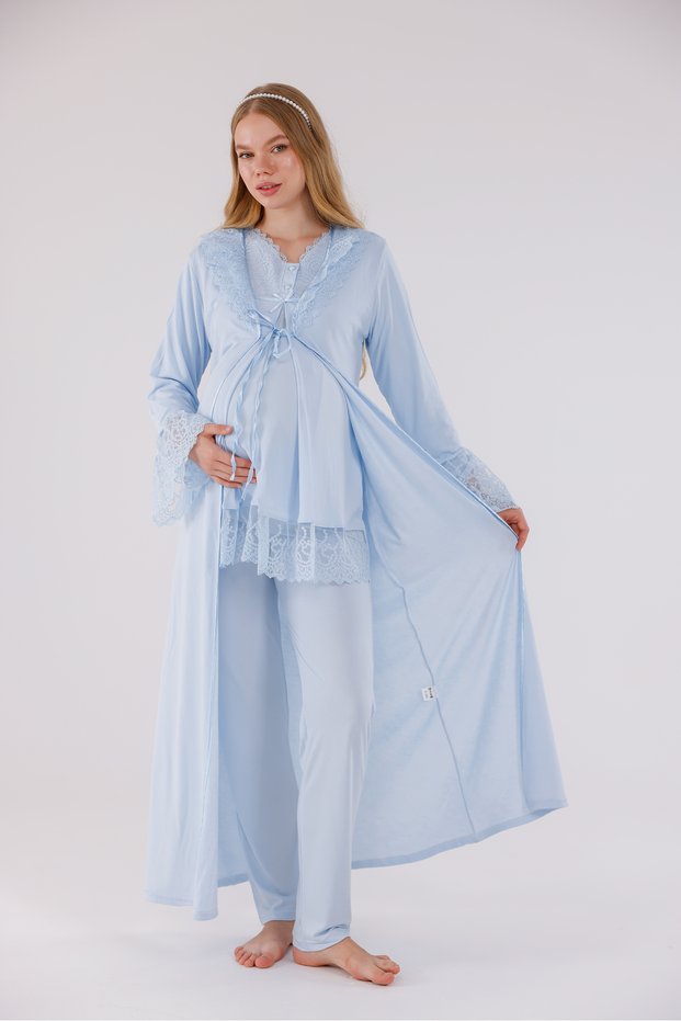 Blue Special Lace Design Cotton Full Length Dressing Gown Maternity Pregnant 3-Piece Pajama Set