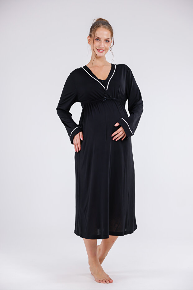 Black Piping Long Sleeve Cotton Maternity Nightgown