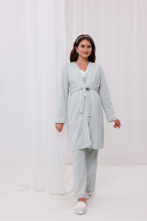 Water Green Melange Lace Collar Maternity Maternity Pajamas Set of 3