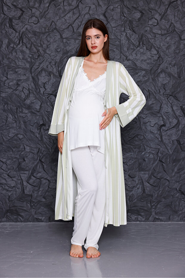 Green Striped Maternity Maternity Pajama Set with Breastfeeding Feature