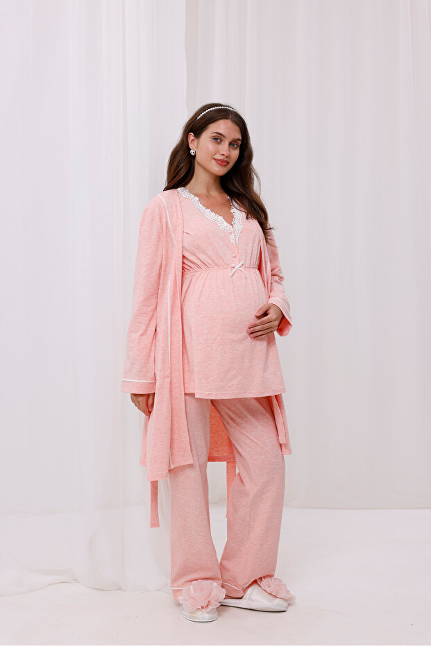 Pink Melange Lace Collar Maternity Maternity Pajamas Set of 3