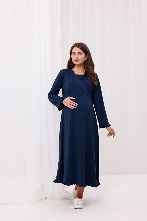 Navy Blue Double Breasted Cotton Nursing Maternity Nightgown-Dressing Set of 2