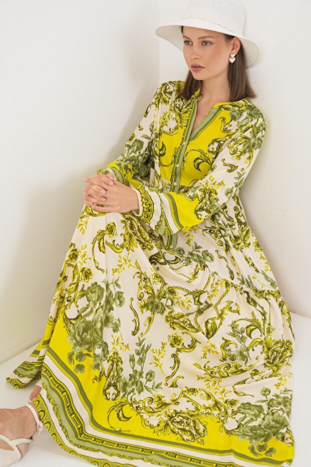 فستان ماكسي منقوش بياقة على شكل حرف V وأزرار من BDART - 3