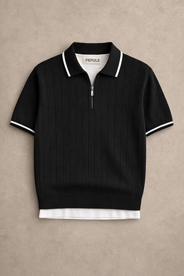Men's Black Polo Collar Knitwear Textured Colorful Half-Zip Regular Cotton Pack T-Shirt