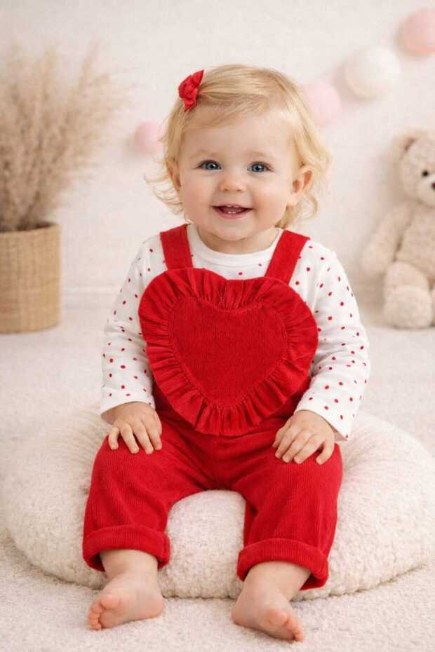 100% Cotton Piece Holiday Set Corded Fabric Velvet Ruffled Heart & Long Sleeve Bodysuit 2-Piece Baby Girl Salopet Jumpsuit