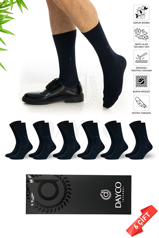 Premium Seamless Classic Long Navy Blue Summer Men's Bamboo Socks Set of 6 with Gift Box