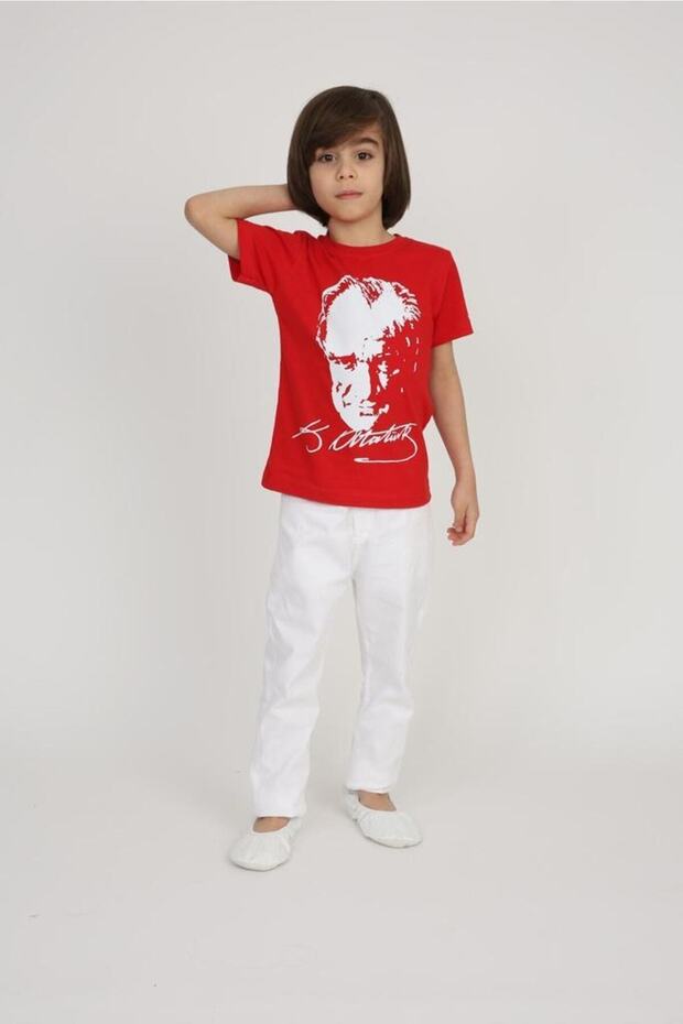 Boy's Short Sleeve Ataturk Printed T-shirt Linen Trousers Suit School Performance 23 April 29 October
