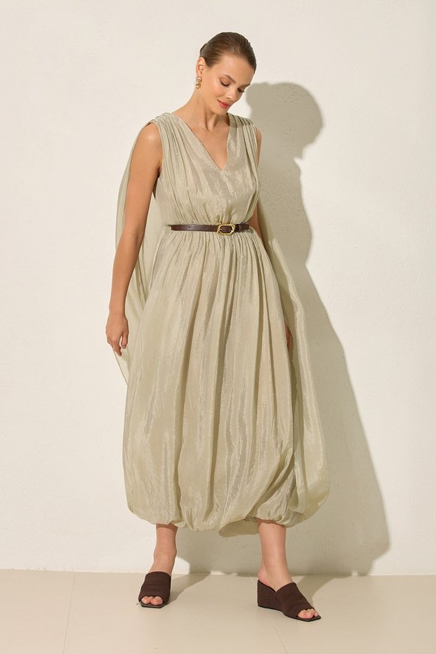 Nil Green Cloak and Fabric Detailed Belted Comfortable Cut Full-Fit Midi Length Dress